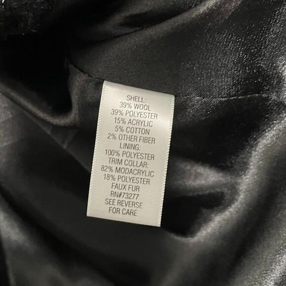 Black Metallic Sparkle Belt Jacket Size 12 Tweed Coat Faux Fur Collar Whimsigoth - Picture 15 of 16